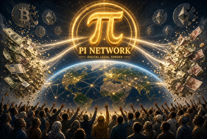 A promotional graphic for "PI NETWORK" labeled as "DIGITAL LEGAL TENDER", featuring a glowing golden pi symbol above an illuminated globe, surrounded by floating cryptocurrency coins including Bitcoin and Ethereum, with a crowd of people cheering below.