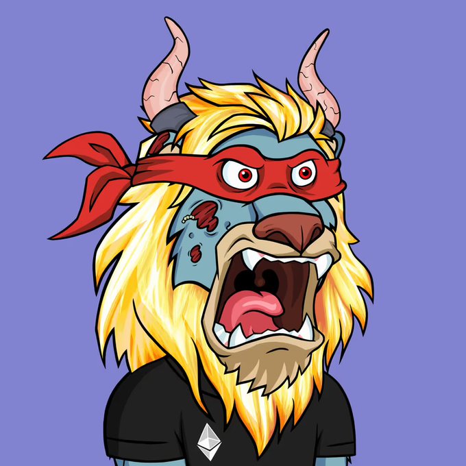A digital illustration of a fierce anthropomorphic lion with a blue and red mask, blonde mane, and horns, roaring with its mouth open on a purple background.