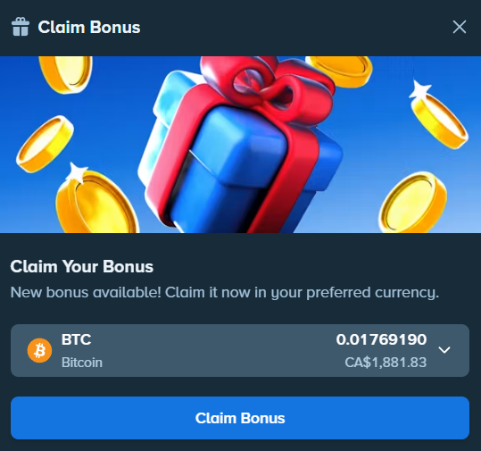 A "Claim Bonus" popup from Stake displays an offer of 0.01769190 BTC (approximately CA$1,881.83) in Bitcoin, aligning with the post announcing the availability of Stake's Weekly Bonus. The popup features a blue gift box surrounded by gold coins against a blue background, prompting users to claim their weekly bonus.