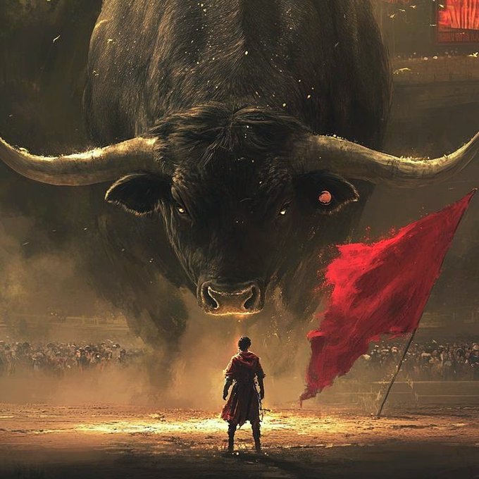 A dramatic digital illustration shows a lone warrior standing in an arena holding a large red flag, facing a colossal, menacing black bull with glowing eyes amidst a dust-filled crowd.