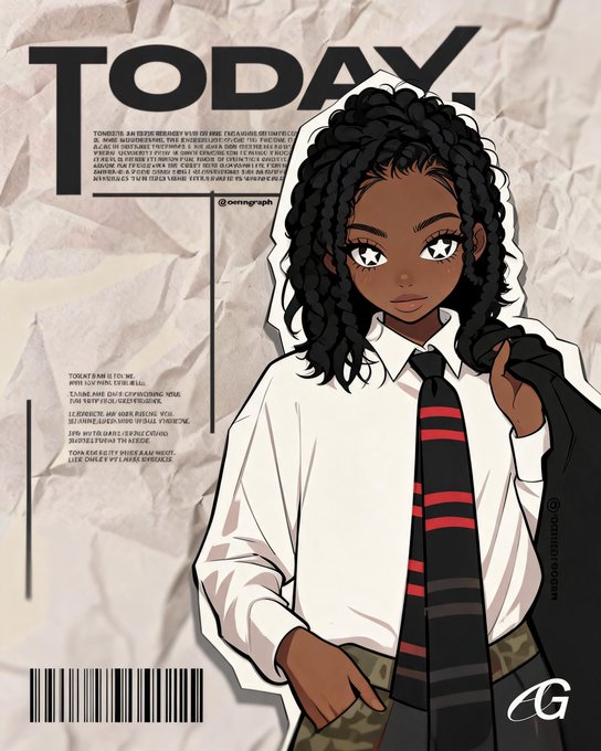 An illustrated magazine cover featuring 'TODAY.' with a stylized cartoon girl with star-shaped eyes, braided hair, white shirt, and a red and black striped tie, signed 'aomigraph' with a 'G' logo.