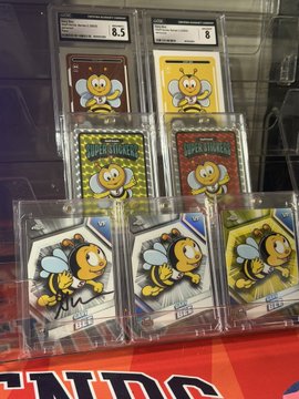 A display of graded collectible cards featuring a yellow bee/bumblebee cartoon character, with two top cards graded 8.5 and 8, displayed in protective cases.