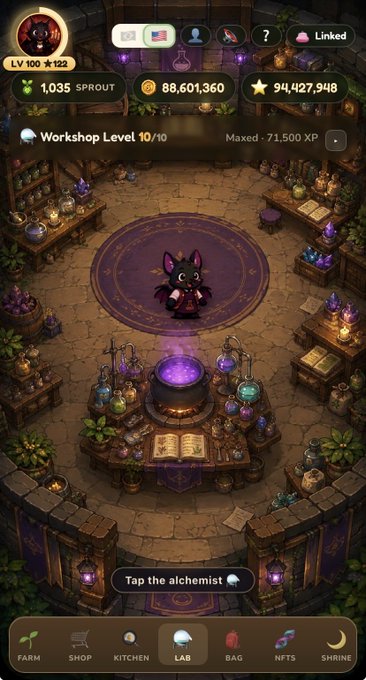 Mobile game screenshot of an alchemist's workshop (Level 10/10), featuring a small cat-like character standing by a glowing purple cauldron, with resources showing 1,035 SPROUT, 88,601,360 coins, and 94,427,948 stars.