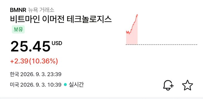A stock ticker displaying 'BMNR' with Korean text '비트마인 이머전 테크놀로지스' showing a price of 25.45 USD, up 2.39 (10.36%), alongside a small rising red price chart.