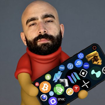A 3D-rendered bald man with a beard wearing a red turtleneck holds a smartphone displaying various app icons including Bitcoin, WhatsApp, and IPMC.