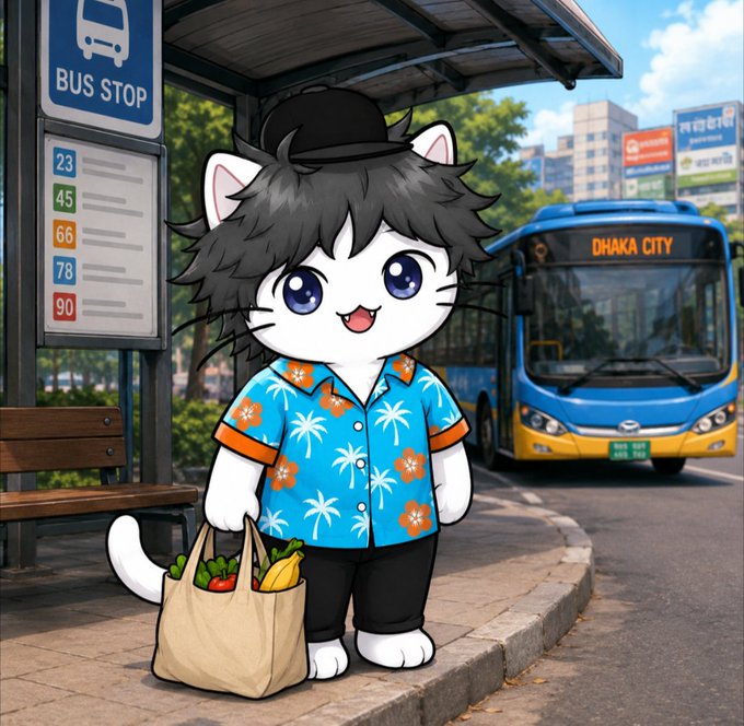 An anime-style illustration of a cute white cat character with black hair, wearing a Hawaiian shirt and holding a grocery bag at a 'BUS STOP' with a 'DHAKA CITY' bus in the background.