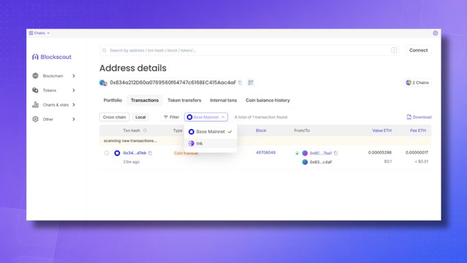 Screenshot of Blockscout, a blockchain explorer, showing address details with a dropdown menu for filtering transactions by type (Base Mainnet, Ink).
