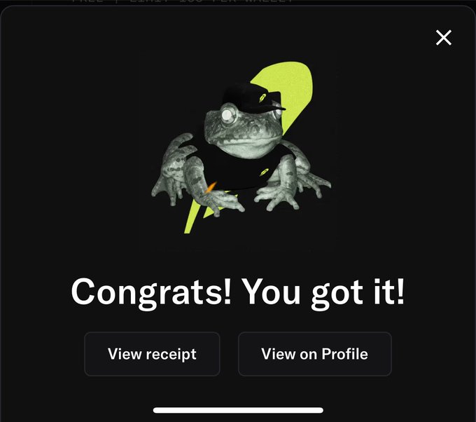 A pop-up reading "Congrats! You got it!" appears with "View receipt" and "View on Profile" buttons below a frog NFT graphic, celebrating a free mint from holding a collection.