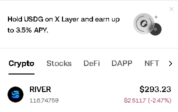 A screenshot of a cryptocurrency app showing the RIVER token priced at $293.23, down $2.5117 (-2.47%), with a banner promoting 'Hold USDG on X Layer and earn up to 3.5% APY.'