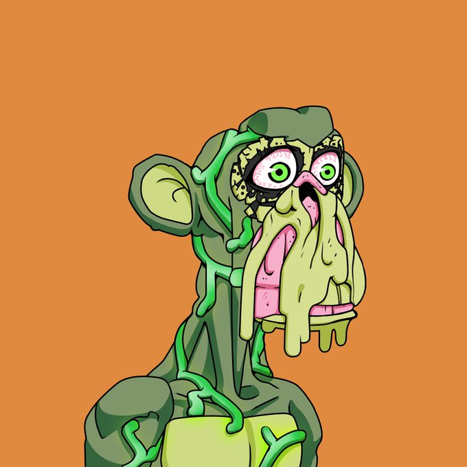A grotesque, green, zombie-like cartoon ape with bulging bloodshot eyes and dripping slime drools downward against an orange background. The image illustrates the post's reference to a Mutant Ape from the Bored Ape Yacht Club (MAYC) collection, specifically #3355, showcasing its decayed, mutated features as a "beautiful freak" new addition to the team.