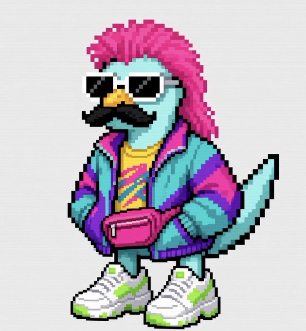 A pixel art character featuring a teal bird-like creature with a pink mohawk, sunglasses, mustache, a colorful striped jacket, fanny pack, and green-accented sneakers.