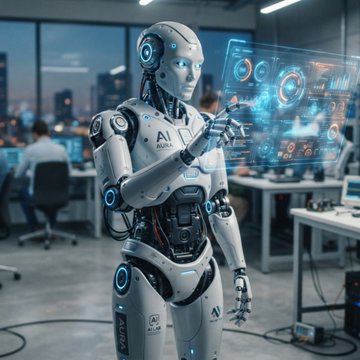 A futuristic humanoid AI robot with a white and black body stands in a modern office, interacting with a glowing blue holographic display showing various data visualizations and charts.