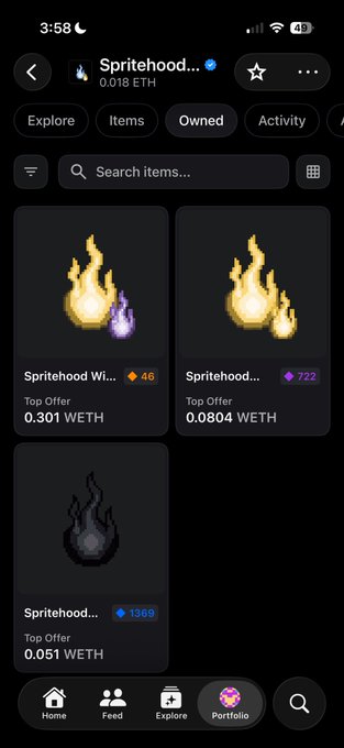 A mobile screenshot of a Spritehood NFT collection portfolio page showing 0.018 ETH in holdings, with three pixelated flame items listed including top offers of 0.301 WETH, 0.0804 WETH, and 0.051 WETH. The image aligns with the post's boast about minting "generational wealth," showcasing the user's NFT portfolio and current market value.