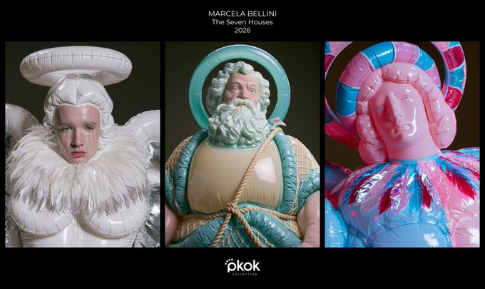 A promotional image for Marcela Bellini's 'The Seven Houses' 2026 collection by ÖKOK Collection displays three figures wearing elaborate inflatable costumes featuring faces within halo-like structures.