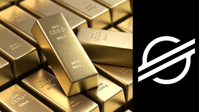 Gold bars stamped "FINE GOLD 999.9" and "1000g" are stacked on the left, paired with the Stellar logo on the right, visually representing Stellar's new XAUm token bridging physical gold bullion with blockchain technology.