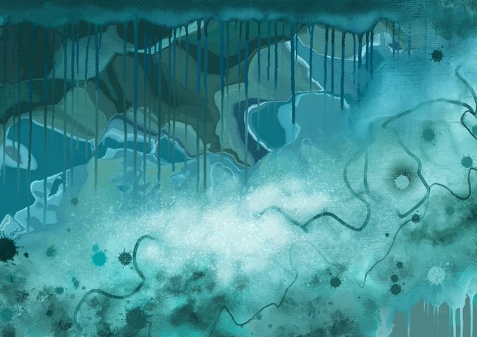 An abstract painting dominated by teal and dark green hues, featuring dripping paint at the top and organic, cellular patterns scattered throughout.