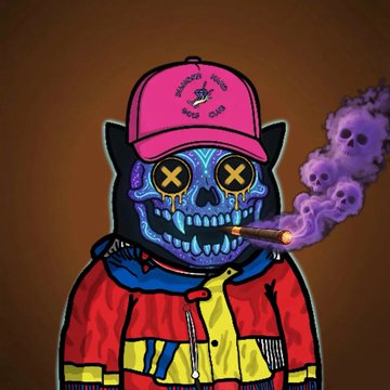 An illustration of a dog character wearing a pink baseball cap, with a blue skull face design and X's for eyes, smoking a cigar that emits purple skull-shaped smoke, set against a brown background.