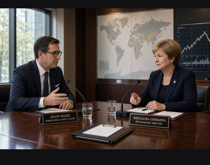 Kevin Warsh, former Federal Reserve Governor, and Kristalina Georgieva, IMF Managing Director, sit at a conference table across from each other, with a world map displayed on the wall behind them.