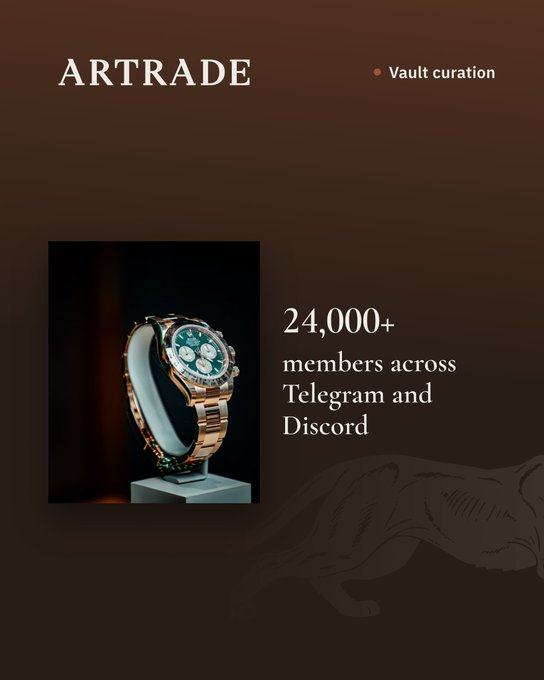 An Artrade promotional graphic showing a luxury gold Rolex watch on display, highlighting '24,000+ members across Telegram and Discord' under a 'Vault curation' tag.