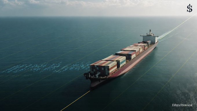 An illustration of a large container ship sailing on the ocean with diagonal grid lines overlaid, featuring an '$' logo and the text 'Ethra Protocol' in the corners.
