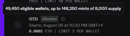 A dark-themed interface showing mint details: 'FREE | LIMIT 50 PER WALLET', with 49,450 eligible wallets and 0.0003 ETH for allowlist mint starting August 26.