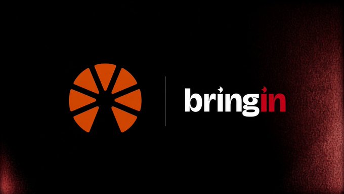 A logo for 'bringin' featuring an orange segmented citrus-slice icon next to the brand name in white and red text on a dark textured background.