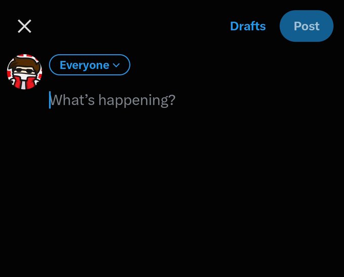 A Twitter post composition screen with the prompt 'What's happening?', showing 'Drafts' and 'Post' options, plus an 'Everyone' visibility selector.