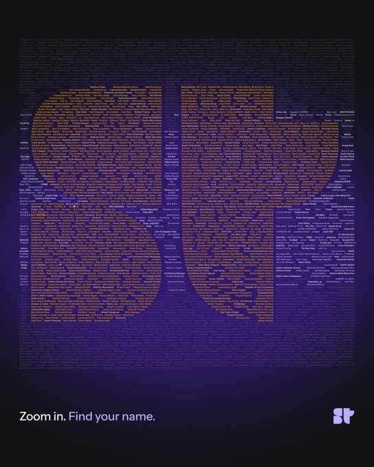A dark blue graphic from SuperRare ("sr" logo) features the iconic "Zoom in. Find your name." format, displaying a dense mosaic of thousands of usernames arranged in a pixelated pattern against a dark background, with a gradient that highlights certain sections. The challenge invites viewers to scroll through the massive crowd of names to locate the poster's own username alongside "@nitromachines" to claim a 10 USDC reward.