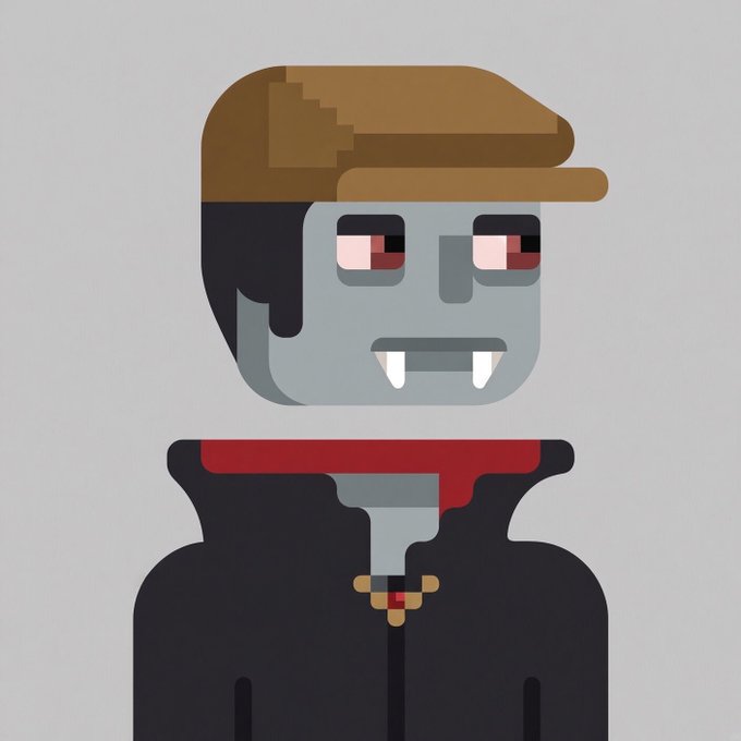 Stylized digital illustration of a pale-skinned vampire character with fangs wearing a brown newsboy cap and dark coat with a red collar.