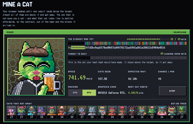 A screenshot of a 'Mine A Cat' application showing a pixelated green cat miner holding a beer, with stats including a speed of 741.69 MH/S and 937.50 cats seen, plus a row of 'cats that got away' at the bottom.