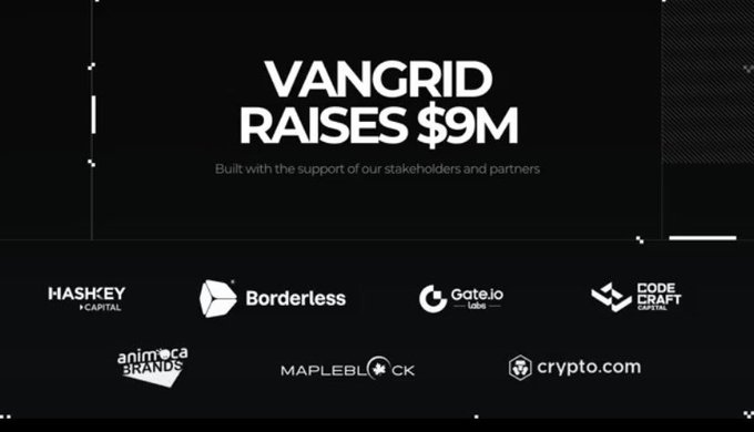 A promotional graphic announcing "VANGRID RAISES $9M" with the subtitle "Built with the support of our stakeholders and partners," displaying logos for Hashkey Capital, Borderless, Gate.io, Code Craft, Animoca Brands, Mapleblock, and Crypto.com.