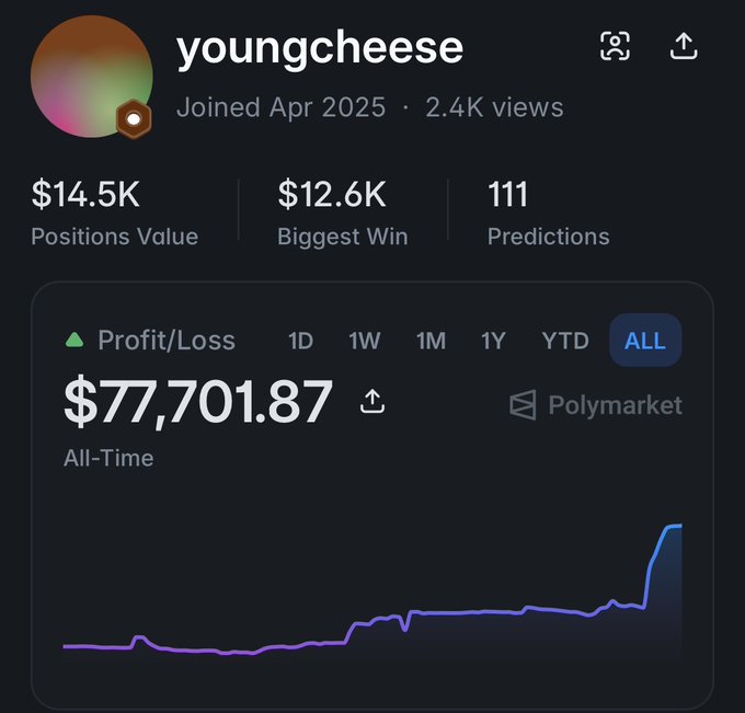 A profile page for user 'youngcheese' on Polymarket shows a Positions Value of $14.5K, Biggest Win of $12.6K, and an All-Time Profit/Loss of $77,701.87.