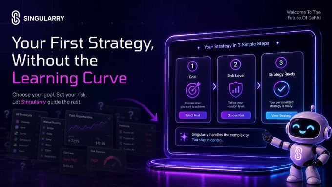 A promotional banner for 'Singularity' titled 'Your First Strategy, Without the Learning Curve' welcoming users to 'The Future Of DeFAI', showing a 3-step process (Goal, Risk Level, Strategy Ready) alongside a friendly robot mascot and a dashboard preview.