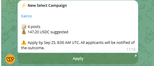 A mobile app interface showing a 'New Select Campaign' notification for 'Kairos', offering '4 posts' for '$147.20 USDC suggested', with an 'Apply by Sep 25, 8:00 AM UTC' warning and a green 'Apply' button.