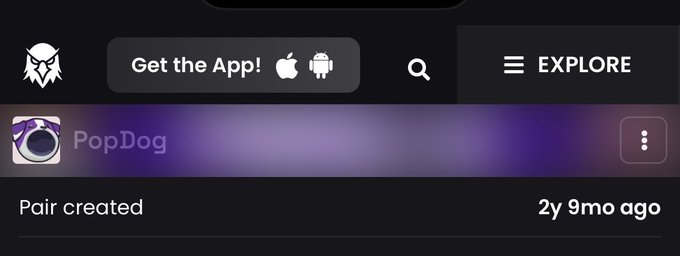 A mobile app interface showing a 'Pair created' event with a profile or entity named 'PopDog' with a camera icon, marked '2y 9mo ago', with 'Get the App!' and 'EXPLORE' buttons at the top.