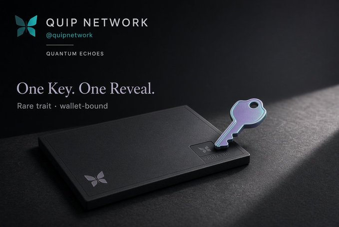 Quip Network (@quipnetwork) promotional image titled "Quantum Echoes - One Key. One Reveal." showing a holographic key and black branded device with butterfly logo.