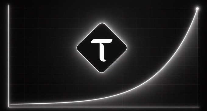 The image shows a glowing black diamond logo with a stylized "T" inside, set against a dark grid background with an exponential growth curve rising sharply to the right—visually representing the "BTC + AI = TAO" message that compares Bitensor's exponential growth potential to Bitcoin's scarcity-driven value.
