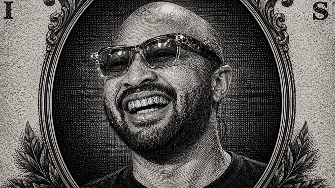 A black-and-white engraved portrait styled like vintage currency features a smiling bald man with a beard wearing clear-framed glasses, set within an ornate oval frame.