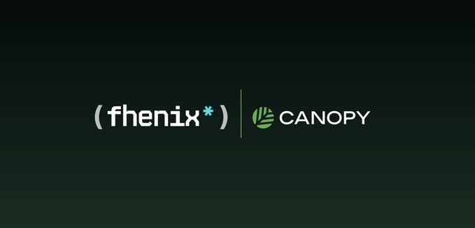 Logo combination displaying "(fhenix*)" alongside a green leaf icon and the word "CANOPY" on a dark background.
