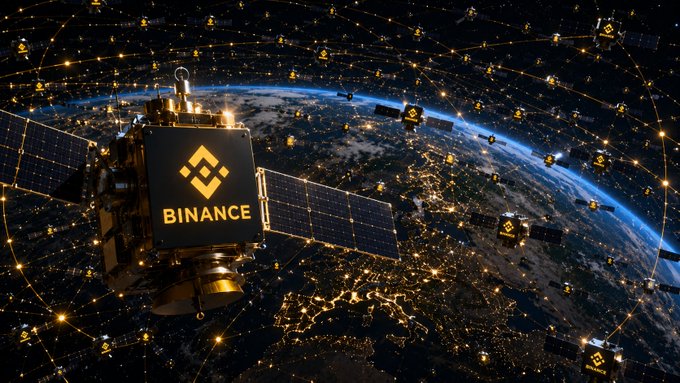 The image features a satellite floating above a planet, surrounded by numerous small lights that resemble stars or other celestial bodies. The satellite appears to be broadcasting information about Bitcoin, which is prominently displayed on its surface. The text "BNB ETF" can also be seen in the image. The scene suggests an event related to Bitcoin and cryptocurrency, possibly a landmark week for the on-chain ecosystem as indicated by the caption provided.