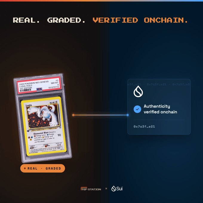 An advertisement for Rip Station x Sui featuring a graded 2000 Pokémon Neo Genesis Lugia card with the tagline 'REAL. GRADED. VERIFIED ONCHAIN.'