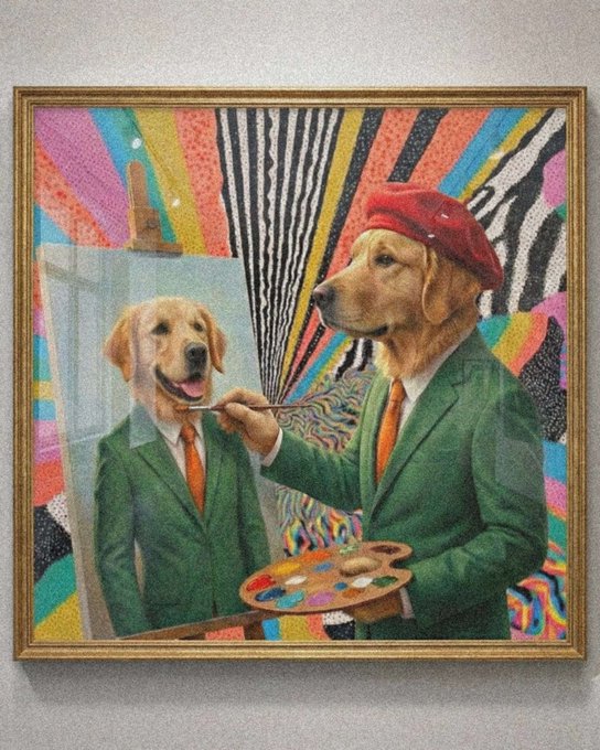 A whimsical portrait painting depicts an artist dog in a red beret and green suit painting a self-portrait on an easel, set against a vibrant background of zebra stripes and colorful geometric patterns, mirroring the underdog theme of Franco as a relatable "artist of his own journey" in the Web3 space.