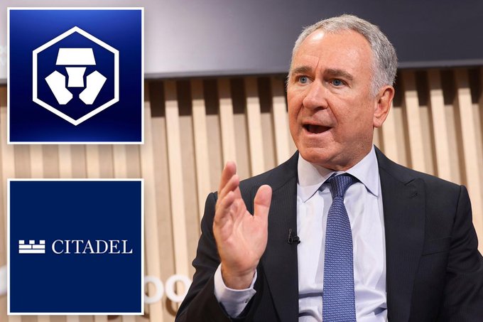 Ken Griffin, founder and CEO of Citadel Securities, speaks during an interview alongside the Crypto.com and Citadel Securities logos. The image accompanies news of Citadel Securities' $400 million investment in Crypto.com, which values the exchange at $20 billion.