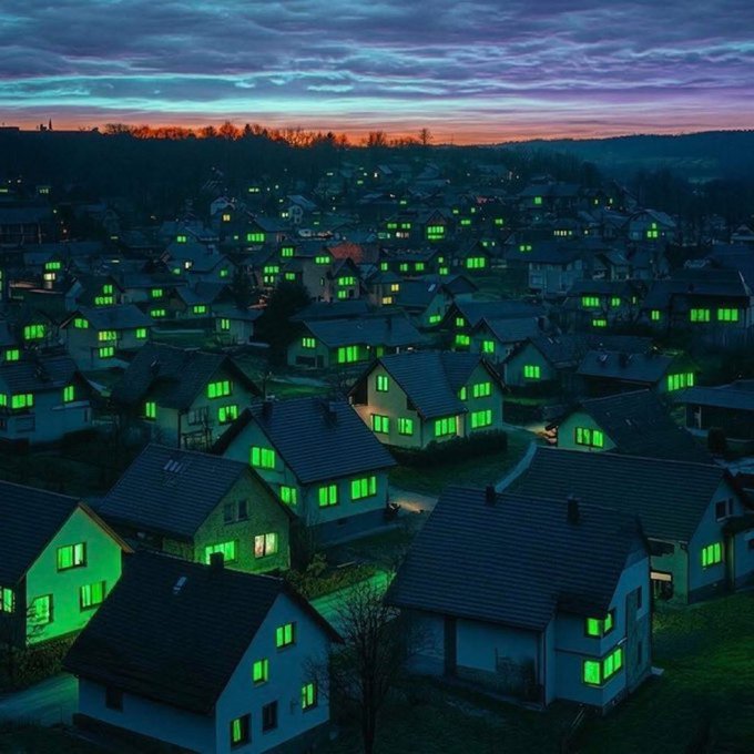 An aerial view of a suburban neighborhood at dusk shows houses with glowing green windows under a purple and orange sunset sky.