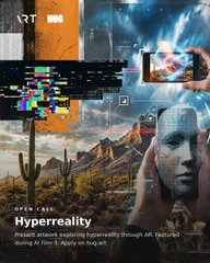 An art exhibition poster for 'Hyperreality' showing an open call for immersive reality and AI works by AR Fairland, with ARTE and NOW logos.