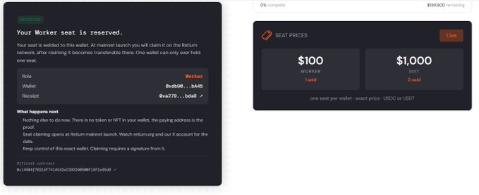 A crypto wallet interface showing a reserved 'Worker' seat with a wallet balance of 0xb45 and receipt 0xa279..., alongside seat pricing of $100 (1 sold) and $1,000 (0 sold).