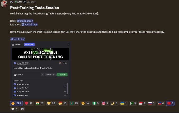 A Discord message announces a 'Post-Training Tasks Session' hosted by @bananareg on 'Axis-Stage' every Friday at 5:00 PM SGT, featuring an embedded card for 'AXISv2: Scalable Online Post-Training' and various reaction emojis.