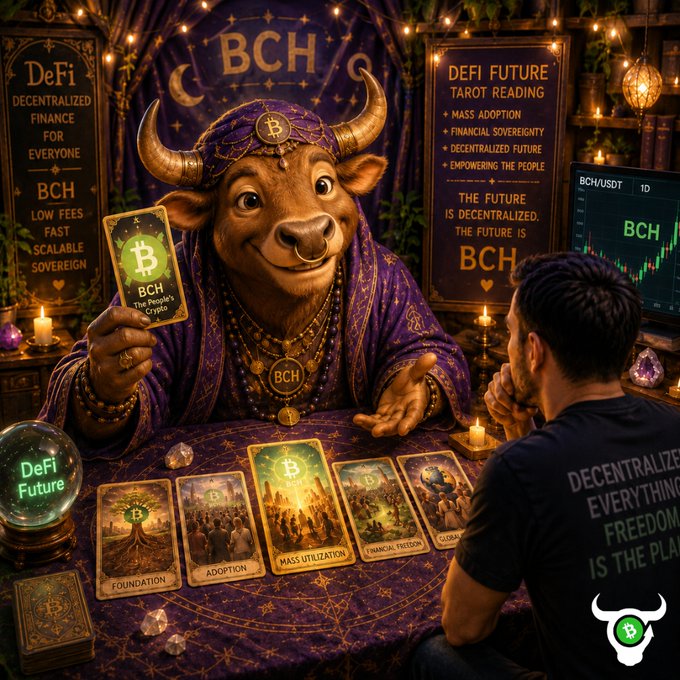 An illustration of a 'DeFi Future Tarot Reading' featuring a fortune teller bull wearing a Bitcoin-themed turban, presenting tarot cards labeled 'Foundation', 'Adoption', 'Mass Utilization', and 'Financial Freedom' to a person wearing a 'Decentralize Everything' shirt, surrounded by BCH cryptocurrency references.