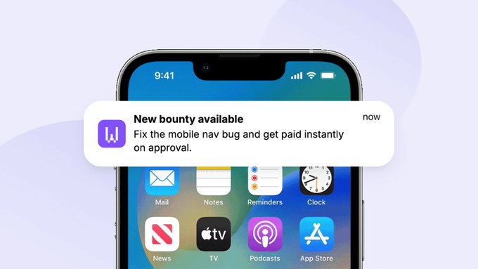 A smartphone displays a lock-screen notification from the Work app reading "New bounty available now — Fix the mobile nav bug and get paid instantly on approval," with the message floating above the home screen icons. The image visually illustrates the post's concept of transforming interruptive alerts into actionable, paid micro-tasks with on-chain escrow via @gib_work.
