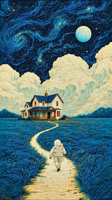 Stylized illustration reminiscent of Van Gogh's 'Starry Night' showing an astronaut walking on a path toward a house under a swirling night sky with a large moon.